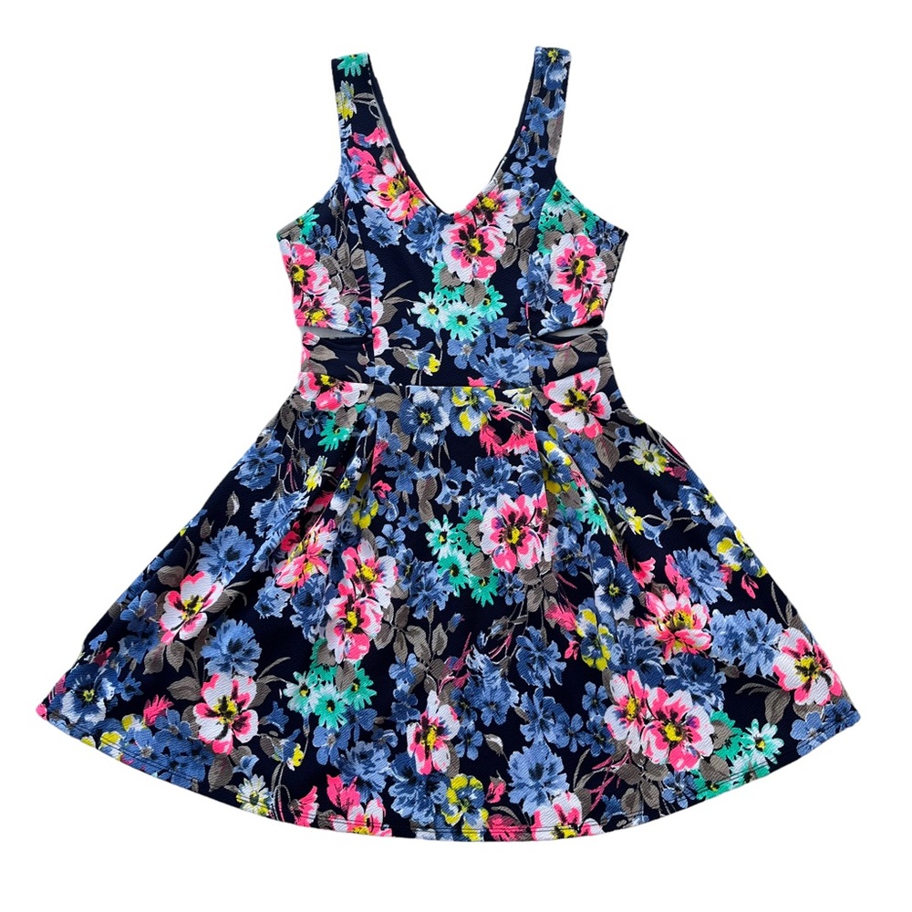 Soprano Women’s Small Bright Pink Blue Floral V-neck Cutout Tank Polyester Dress